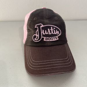 Justin Boots Brand Trucker Hat Pink Brown Mesh Adjustable Sulfur Springs Texas